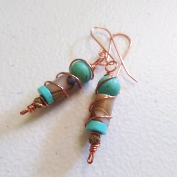 Aqua Turquoise & Tan Stack Stone Earrings ~ Handmade Copper Wire Wrap & Ear Wire - Picture 6 of 11